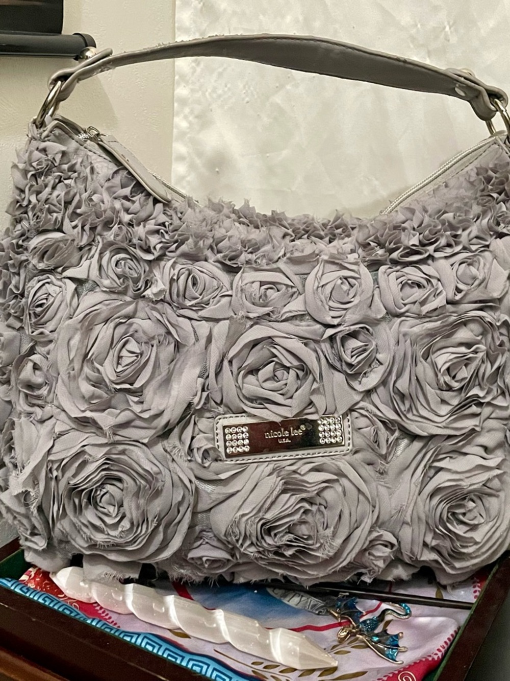 Nicole Lee Lavender Gray Floral Rosette Shoulder Bag
